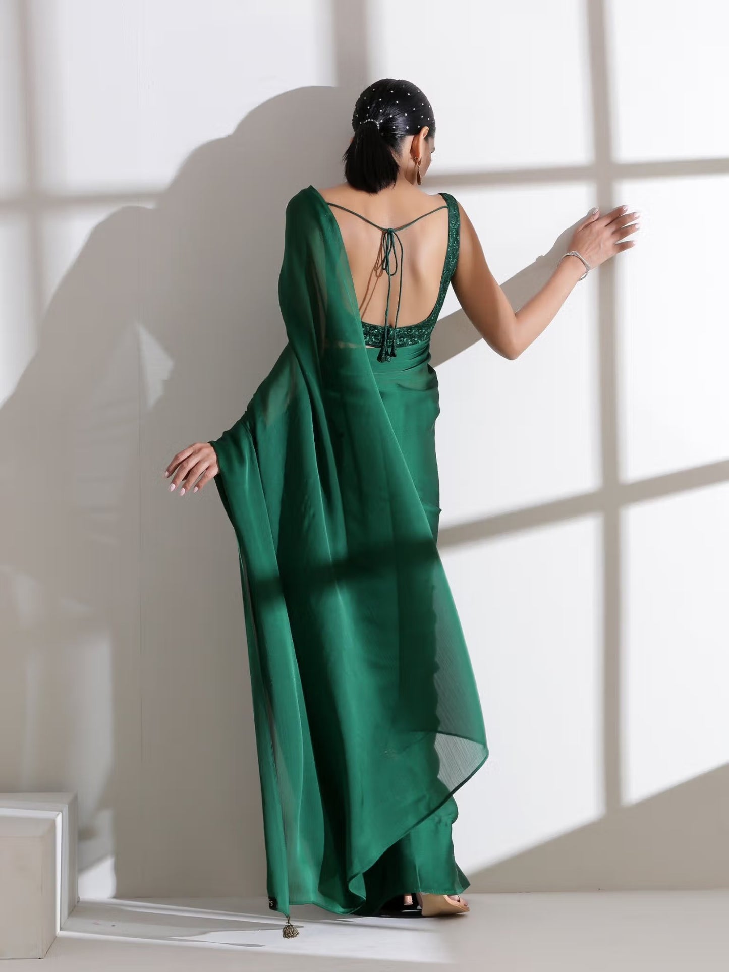 Green Sari with Embroidered Blouse
