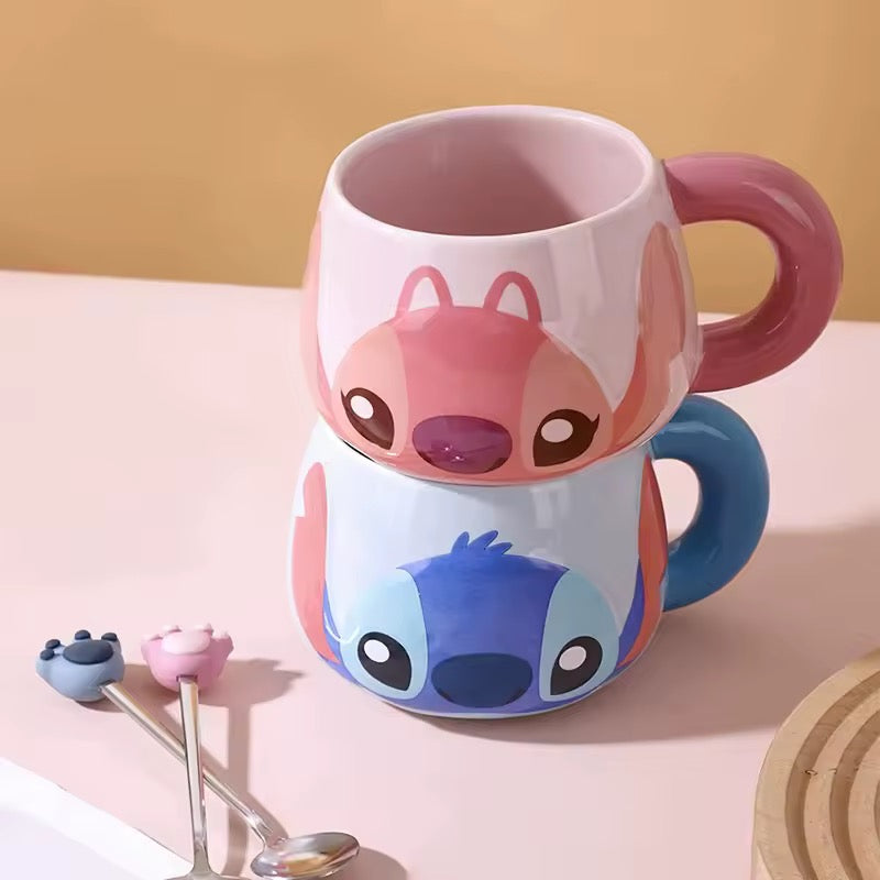 Stitch Mug & Spoon Set – Adorable 3D Ceramic Water Cup (Blue & Pink, 500ml)