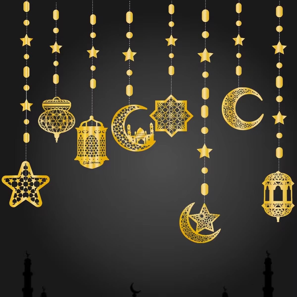 Eid Mubarak Hanging Garland - 8pcs Set for Indoor & Outdoor Decoration