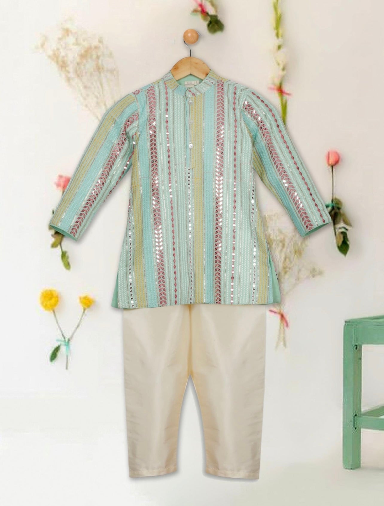 Boys Sea Green Sequins Embroidered Kurta Set (2-3yrs)