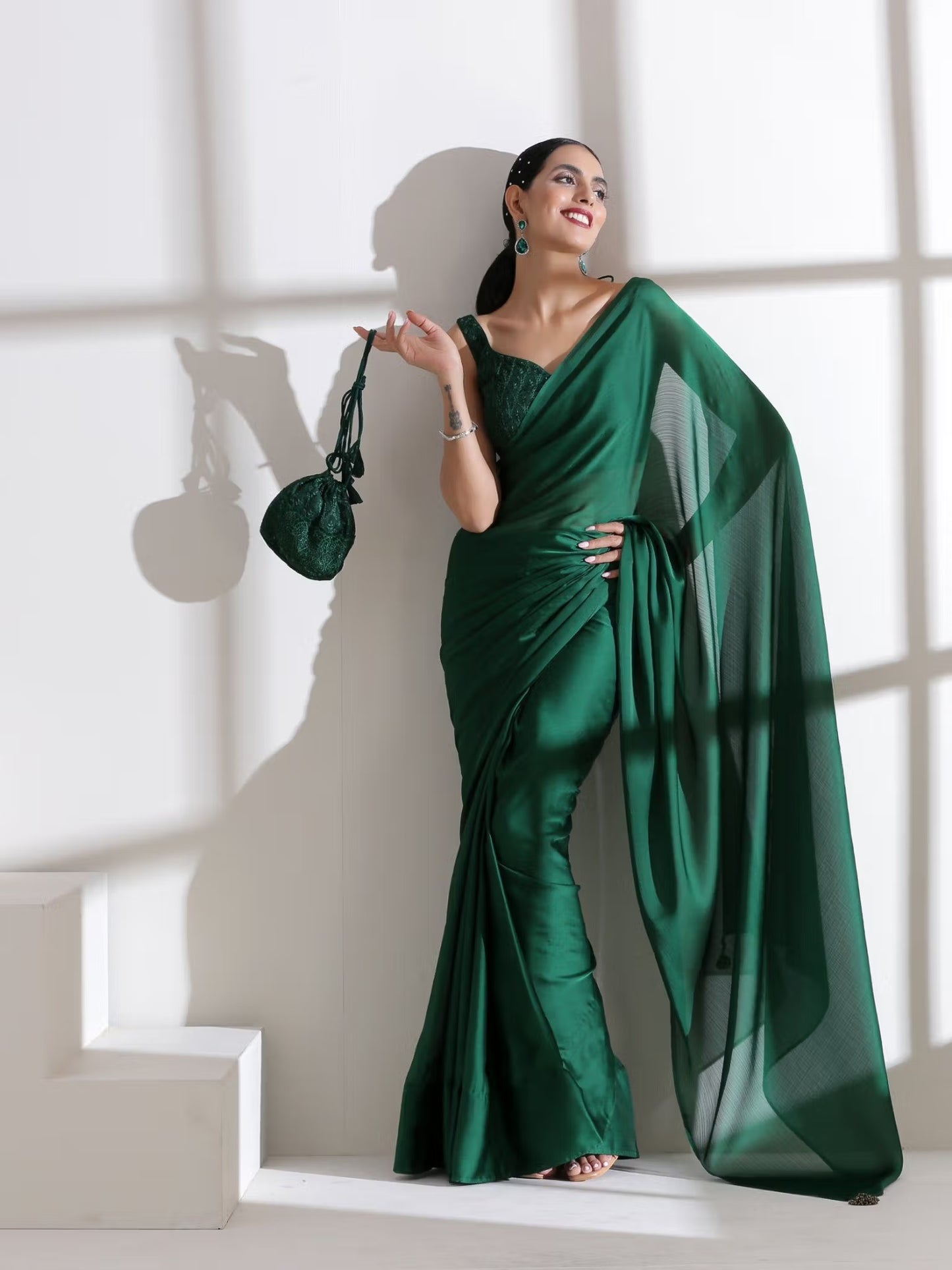 Green Sari with Embroidered Blouse