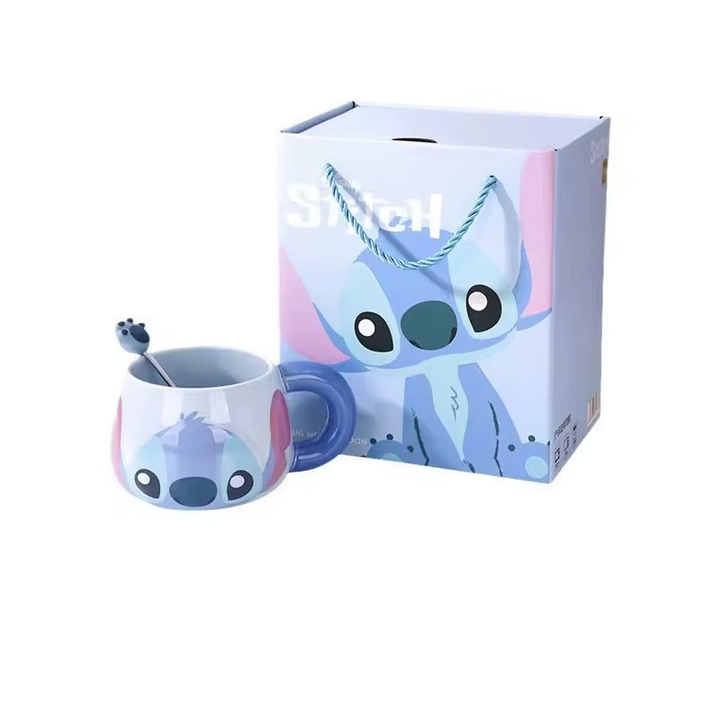 Stitch Mug & Spoon Set – Adorable 3D Ceramic Water Cup (Blue & Pink, 500ml)