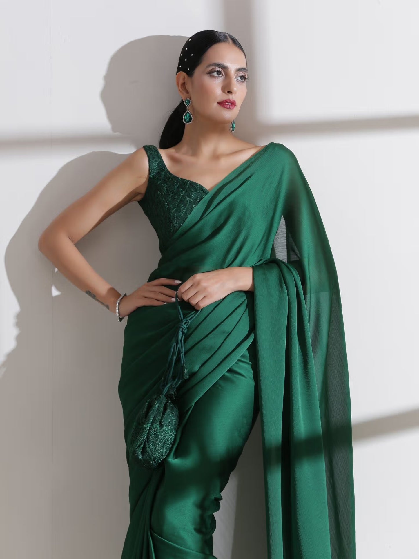 Green Sari with Embroidered Blouse