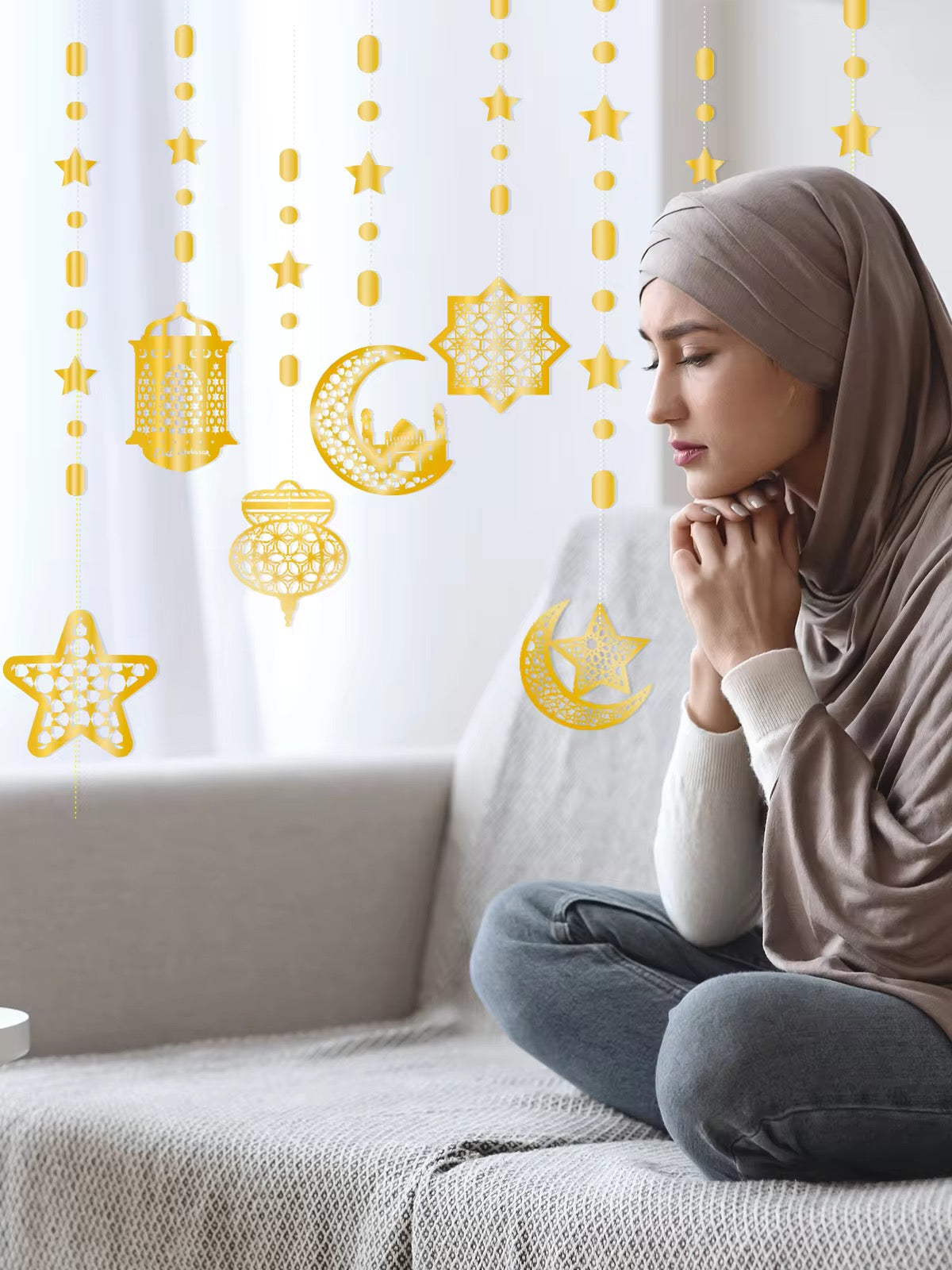 Eid Mubarak Hanging Garland - 8pcs Set for Indoor & Outdoor Decoration