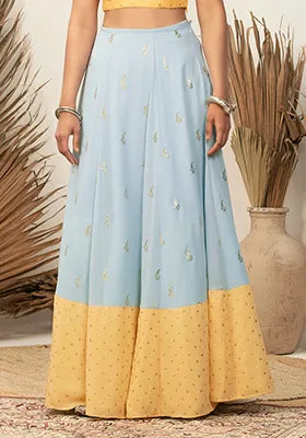 Payal Singhal Blue Yellow Foil Lehenga Skirt (L)