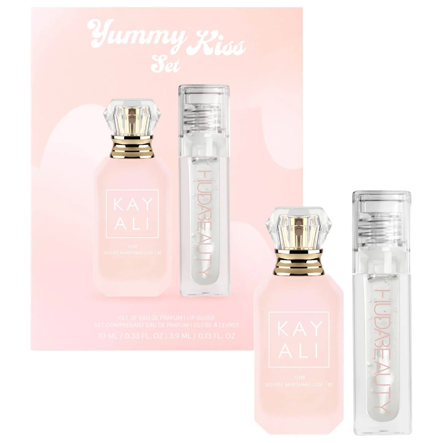 Kayali - Yummy Kiss Set includes Yum Bougie Marshmallow Travel Size 10ml & Huda Beauty Lip Gloss